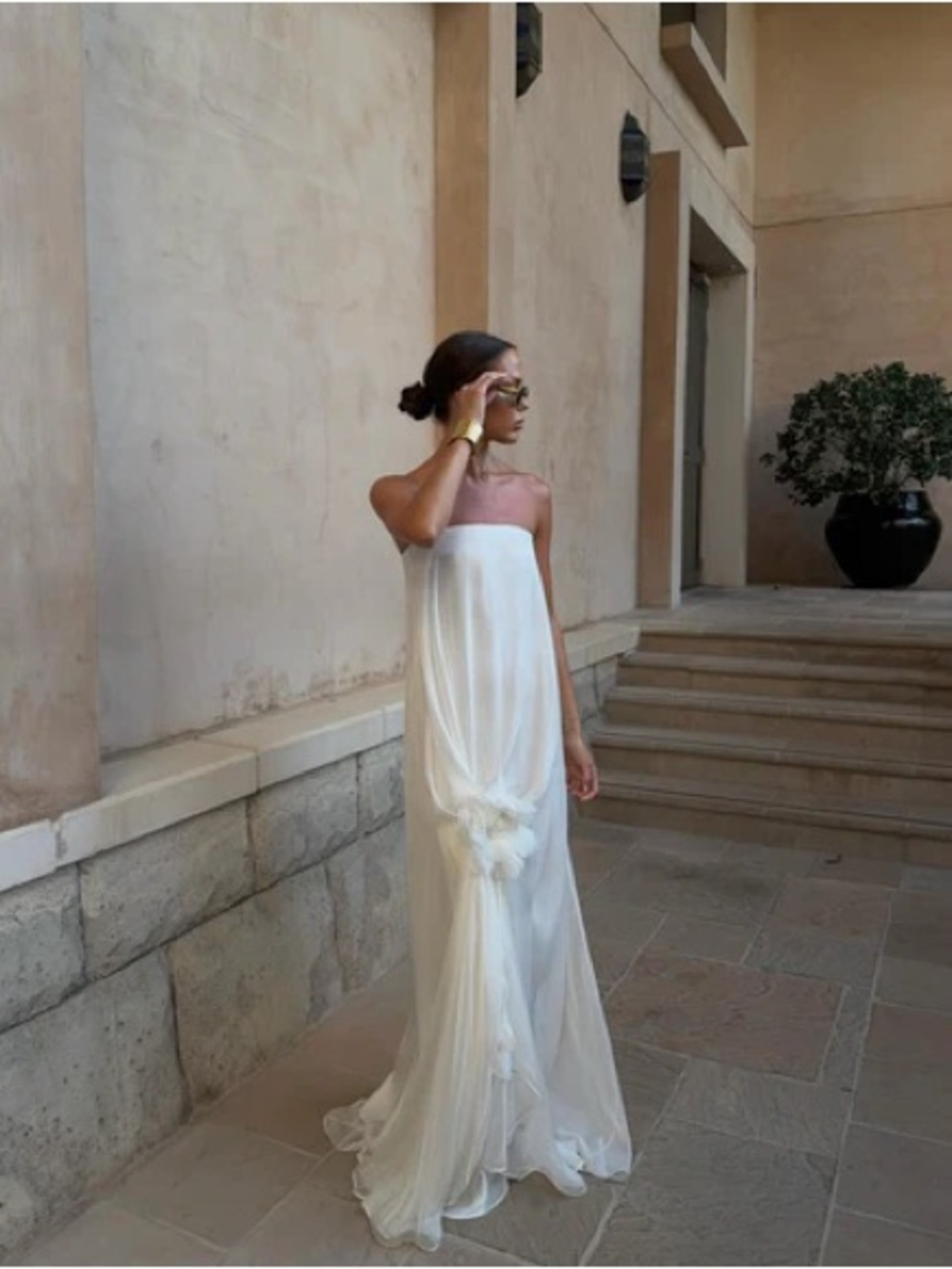 Rat & Boa Hibiscus White Strapless Flowing Sheer Maxi Dress